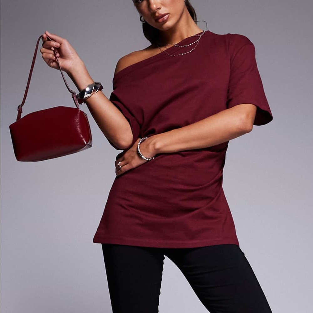 ASOS- Burgundy asymmetrical shoulder cinched waist tee ruched shirt